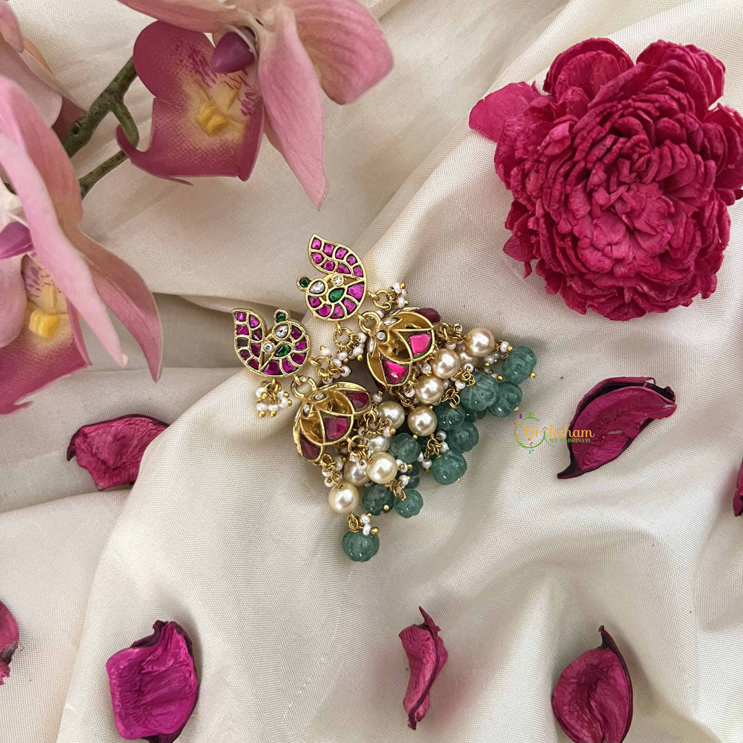 Vriksham Antique Peacock Style Kundan Jadau Jhumkas-Green Bead-J3595