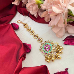 Vriksham Vintage Meenakari  Round Kundan Jadau Maang Tikka-Gold Bead-J4245