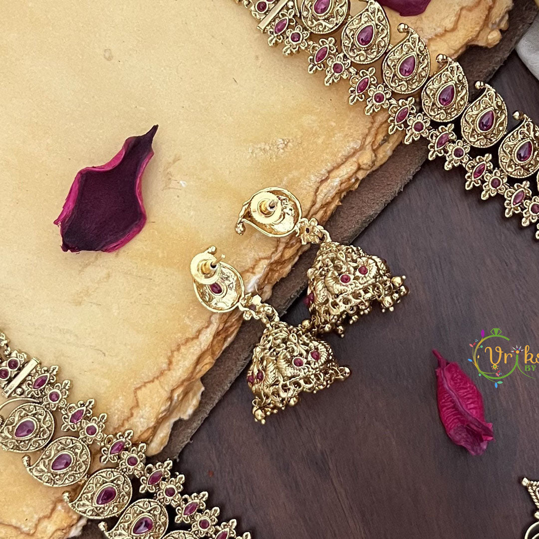 Vriksham Dual Peacock Maanga Long Neckpiece-Red-Gold Bead-G17874