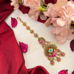 Vriksham Premium Bold Green & Red With Floral Drop Kundan Jadau Maang Tikka-J4243