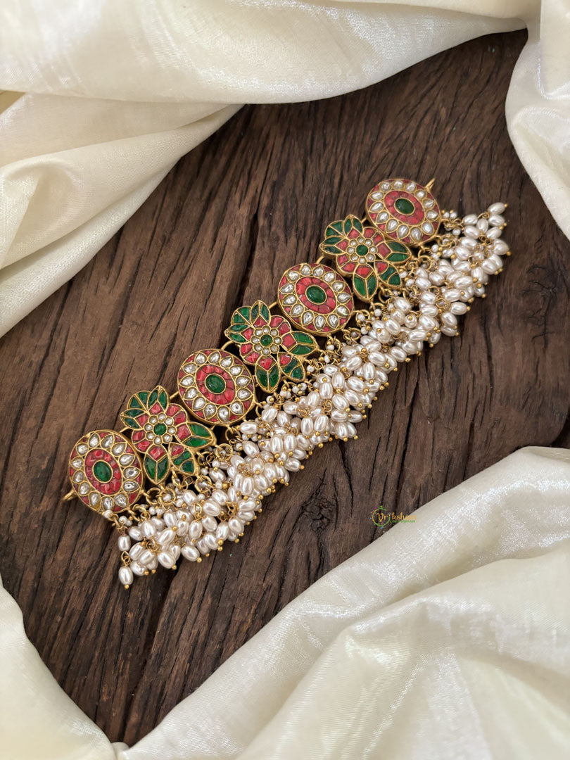 Premium Jadau Kundan High Neck Choker -Rice Pearl-J1825