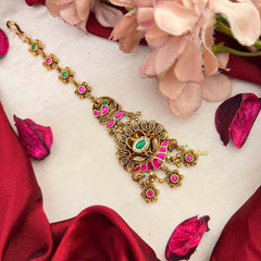 Vriksham Premium Bold Green & Red With Floral Drop Kundan Jadau Maang Tikka-J4243