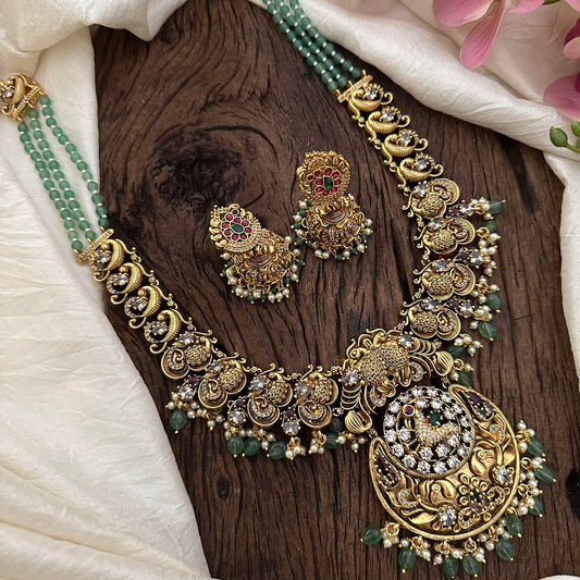 Elegant CZ Stone Peacock Long Neckpiece-Aqua Green Beads-Pearls-G12683