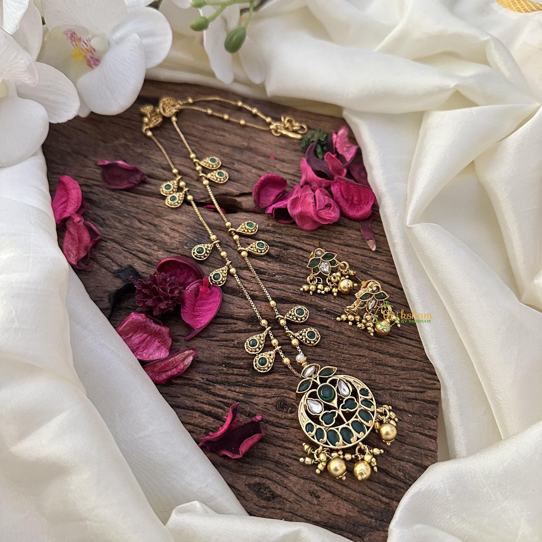 Vriksham Elegant Green Stone Pendant Chain-Golden Bead-G15705