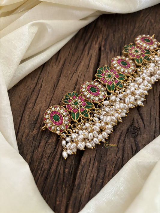 Premium Jadau Kundan High Neck Choker -Rice Pearl-J1825