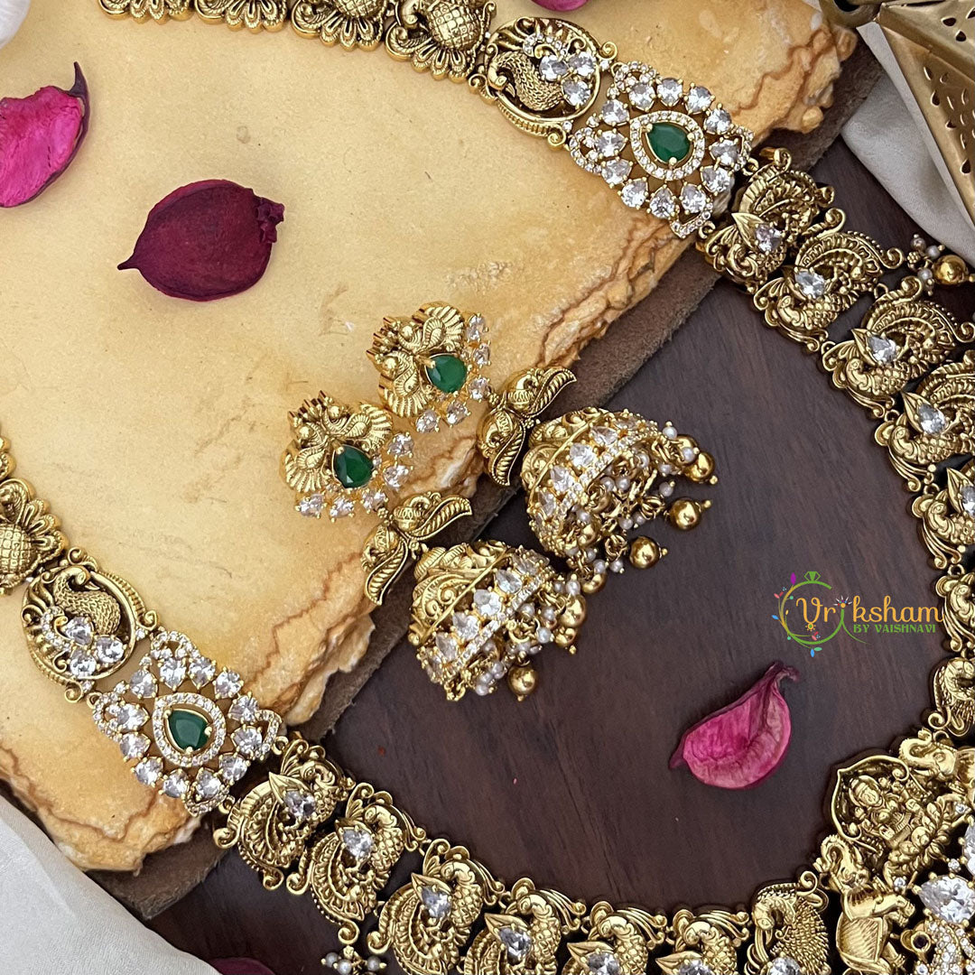 Vriksham Elegant AD Stone Dual Elephant Peacock Long Neckpiece-Gold Bead-G17876