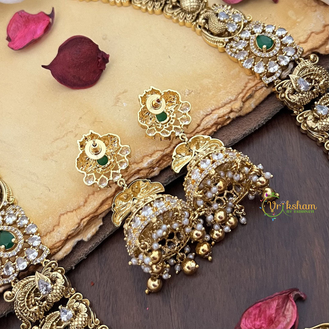 Vriksham Elegant AD Stone Dual Elephant Peacock Long Neckpiece-Gold Bead-G17876