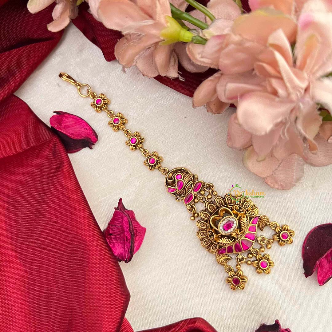 Vriksham Premium Bold Red With Floral Drop Kundan Jadau Maang Tikka-J4244