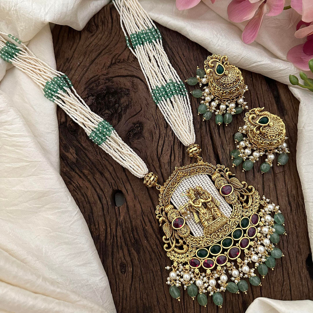 Multilayered Royal Radha Krishna Pendant Long Haram-Pastel Green Beads-Pearls-G12682