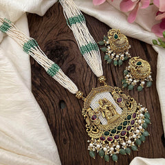 Multilayered Royal Radha Krishna Pendant Long Haram-Pastel Green Beads-Pearls-G12682