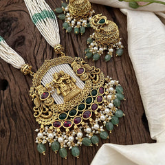 Multilayered Royal Radha Krishna Pendant Long Haram-Pastel Green Beads-Pearls-G12682