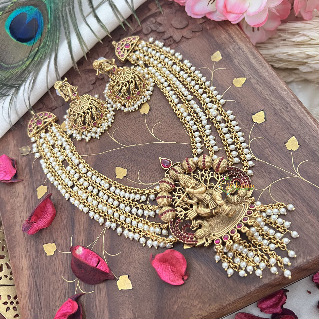 Vriksham Gold Look Alike Krishna Pendant 4 Layer Pearl Short Neckpiece-Red-G18127