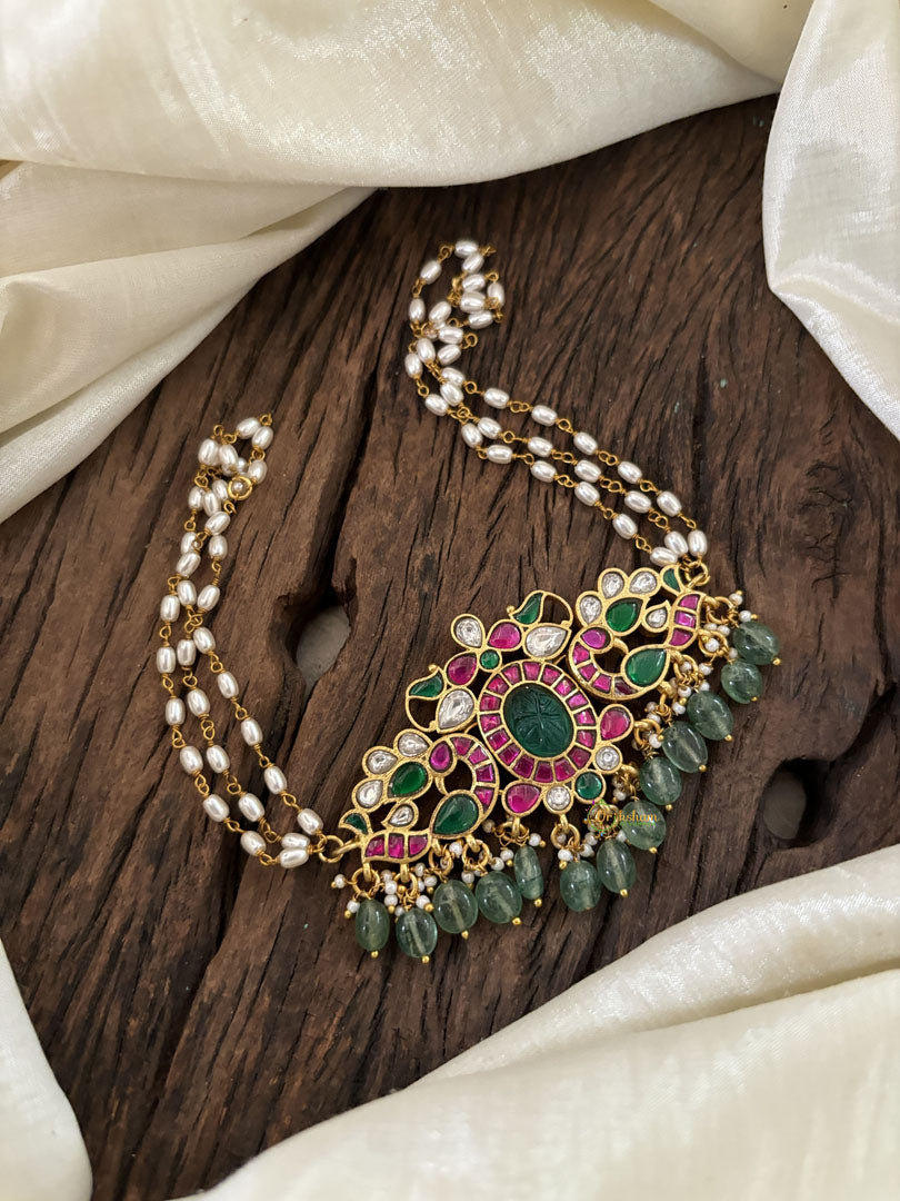 Layered Pearl Jadau Kundan High Neck Choker -J1817