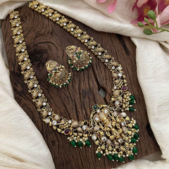 Premium AD Stone Lakshmi Neckpiece-Green Beads-Pearls-G12676