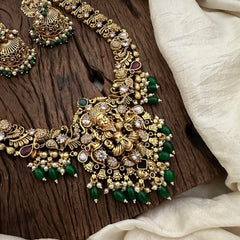 Premium AD Stone Lakshmi Neckpiece-Green Beads-Pearls-G12676