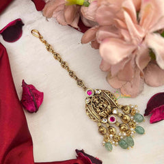 Vriksham Premium Lakshmi Style Kundan Jadau Maang Tikka-Green Bead-J4254