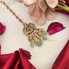 Vriksham Premium Lakshmi Style Kundan Jadau Maang Tikka-Green Bead-J4254