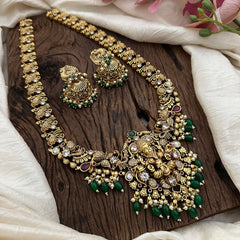 Premium AD Stone Lakshmi Neckpiece-Green Beads-Pearls-G12676