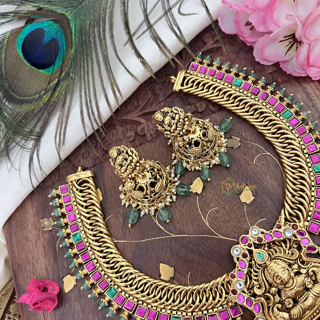 Vriksham Jalebi Style Lakshmi Pendant Short Neckpiece-Red Green-Pastel Green Bead-G18128