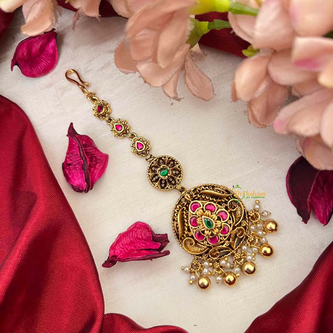 Vriksham Classic Leaf Pear Style Kundan Jadau Maang Tikka-Gold Bead-J4253