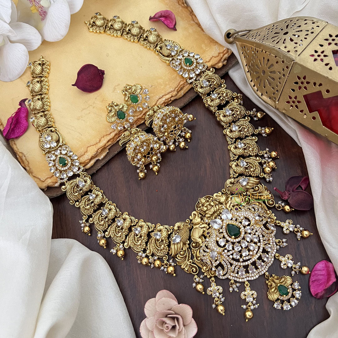 Vriksham Elegant AD Stone Dual Elephant Peacock Long Neckpiece-Gold Bead-G17876