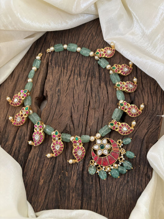 Green Bead Jadau Kundan Maanga Short Neckpiece -J1860