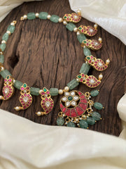 Green Bead Jadau Kundan Maanga Short Neckpiece -J1860