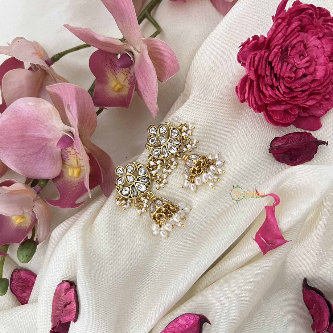 Vriksham Floral With Half Moon Style Kundan Jadau Jhumkas-White-Pearl-J3600