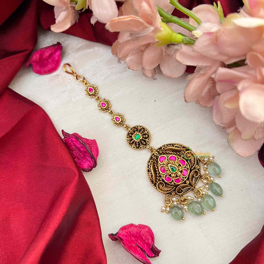 Vriksham Classic Leaf Pear Style Kundan Jadau Maang Tikka-Green Bead-J4252