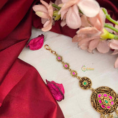 Vriksham Classic Leaf Pear Style Kundan Jadau Maang Tikka-Green Bead-J4252