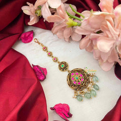 Vriksham Classic Leaf Pear Style Kundan Jadau Maang Tikka-Green Bead-J4252