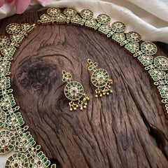 Precious Kemp Dual Peacock Long Neckpiece-Golden Beads-Green-G12679