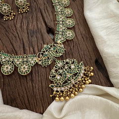 Precious Kemp Dual Peacock Long Neckpiece-Golden Beads-Green-G12679