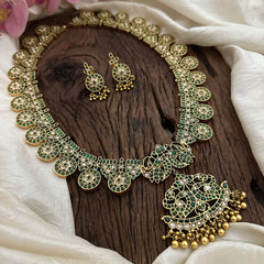 Precious Kemp Dual Peacock Long Neckpiece-Golden Beads-Green-G12679