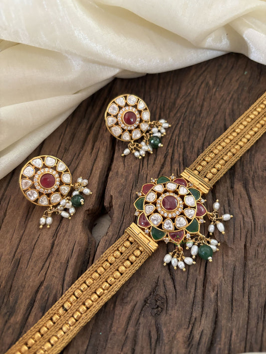 Gold Look Alike Jadau Kundan Belt High Neck Choker-Red Green -Rice Pearl and Green Bead -J1827