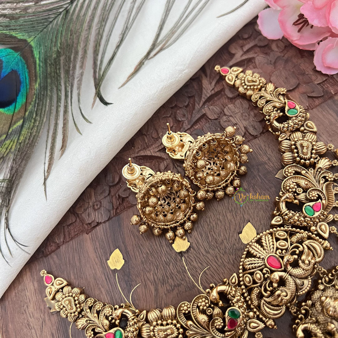 Vriksham Gold Look Alike Lakshmi with Dual Peacock Short Neckpiece-Red Green-Gold Bead-G18130