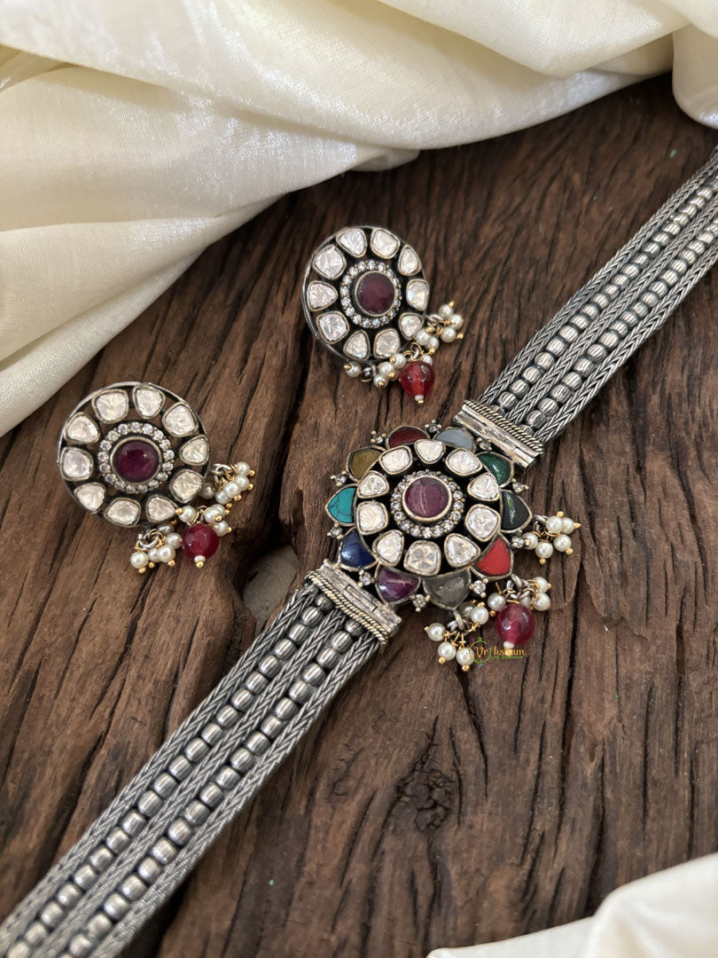 Silver Look Alike Jadau Kundan High Neck Choker -Navrathna-J1830