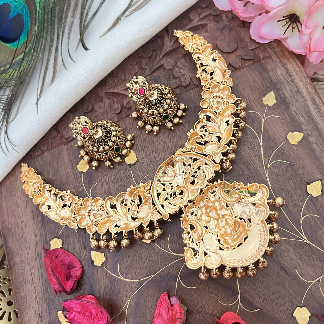 Vriksham Gold Look Alike Lakshmi with Dual Peacock Short Neckpiece-Red Green-Gold Bead-G18130