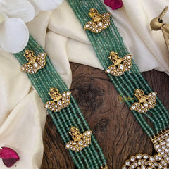 Vriksham Dual Peacock With Lakshmi Pendant Jadau Kundan Green Bead Mala-White-J2613