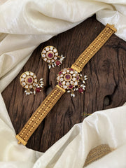 Gold Look Alike Jadau Kundan Belt High Neck Choker -Red -Red Bead and Rice Pearls -J1832