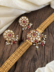 Gold Look Alike Jadau Kundan Belt High Neck Choker -Red -Red Bead and Rice Pearls -J1832