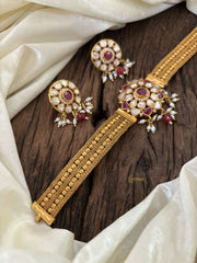 Gold Look Alike Jadau Kundan Belt High Neck Choker -Red -Red Bead and Rice Pearls -J1832