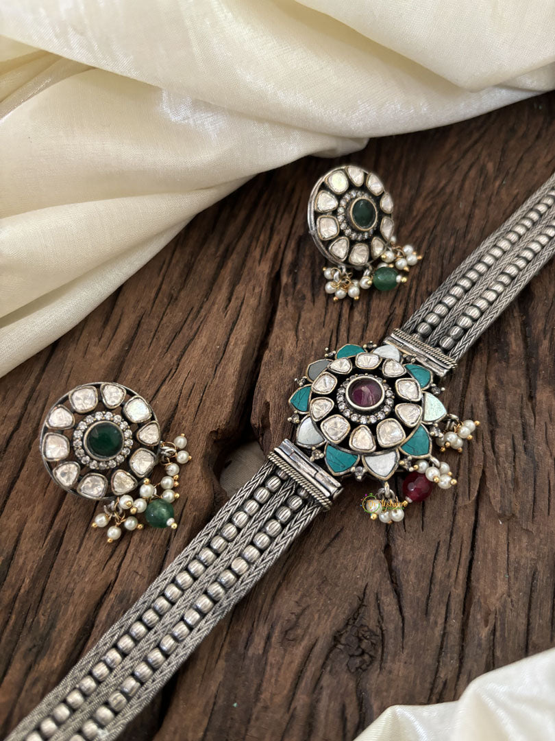 Silver Look Alike Jadau Kundan High Neck Choker -Turquoise and Red -J1831
