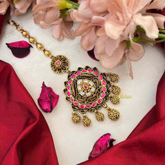 Vriksham Antique Floral With Gold Leaf Drop Kundan Jadau Maang Tikka-Red White-J4257