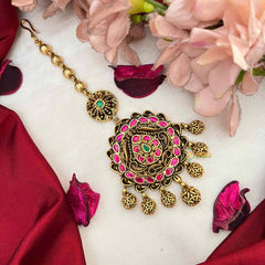 Vriksham Antique Floral With Gold Leaf Drop Kundan Jadau Maang Tikka-Red Grenn-J4258