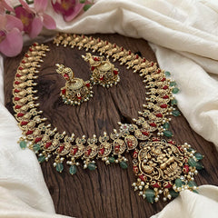 Premium Lakshmi Long Neckpiece-Coral-Pastel Green Beads-Pearls-G12665