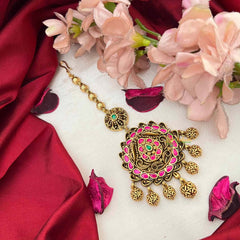 Vriksham Antique Floral With Gold Leaf Drop Kundan Jadau Maang Tikka-Red Grenn-J4258