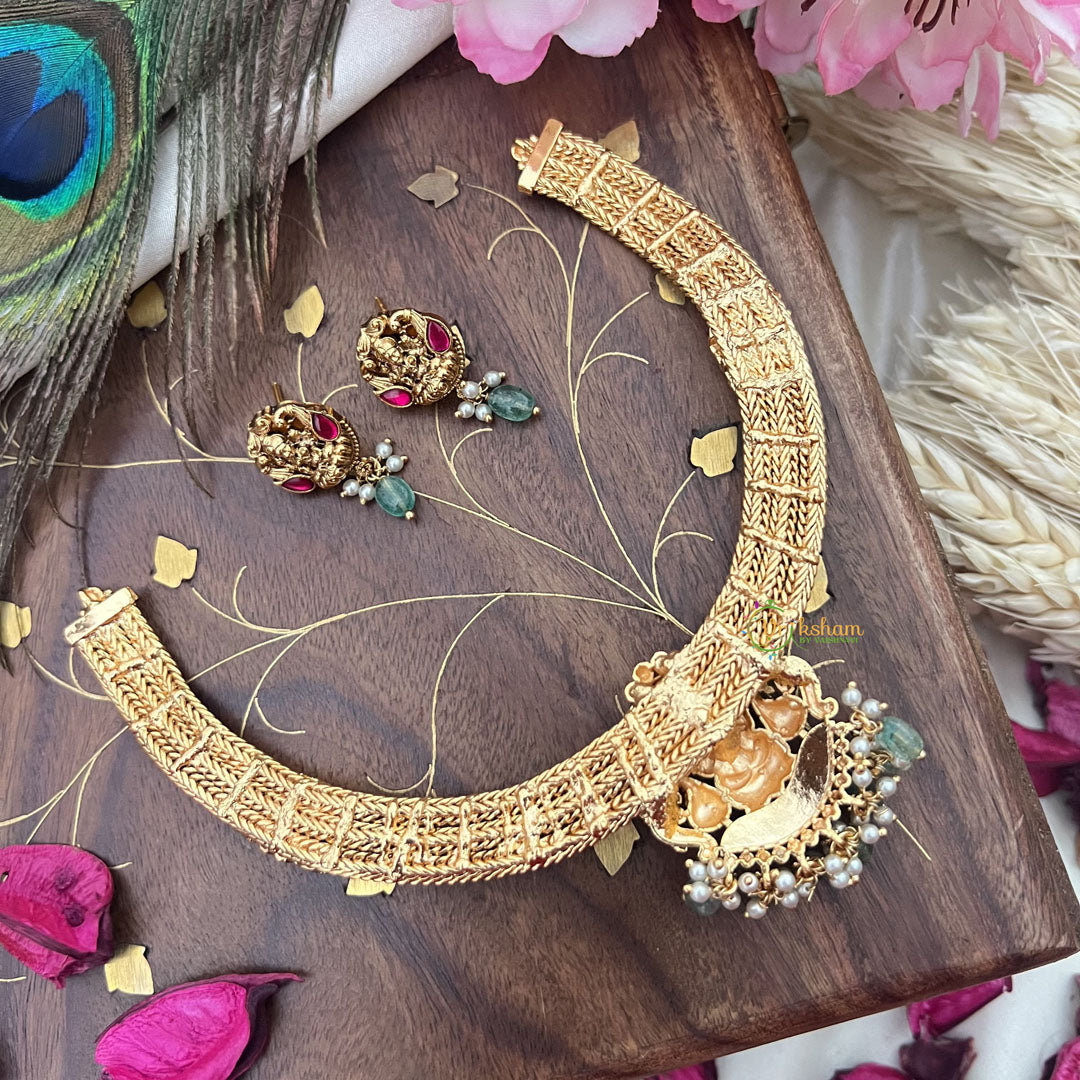 Vriksham Lakshmi Dual Peacock Pendant Addigai-Red Green-Pastel Green Bead-G18073
