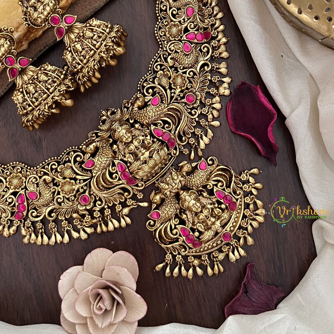 Vriksham Gold Look Alike Lakshmi Jadau Pendant Short Neckpiece-Red-G17835