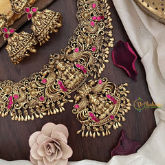 Vriksham Gold Look Alike Lakshmi Jadau Pendant Short Neckpiece-Red-G17835